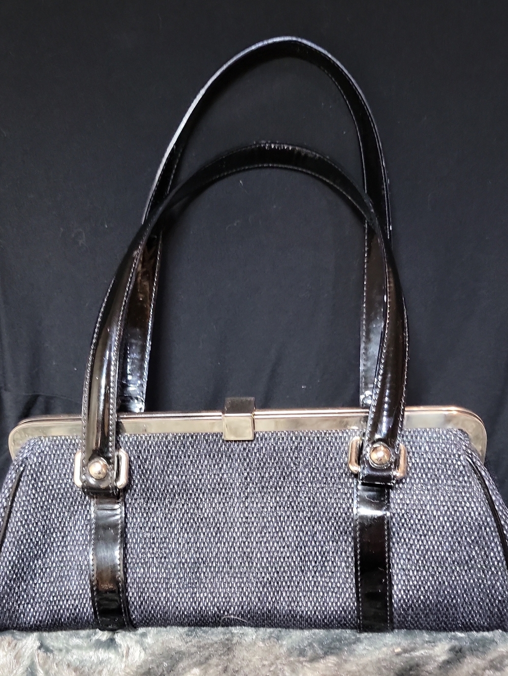 Walter Speigee Black Textured Tote Bag with Patent Trim